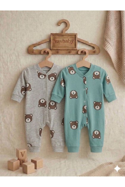 Teddy Bear Patterned Cotton Baby Romper Set - Pack of 2 (Green-Grey)