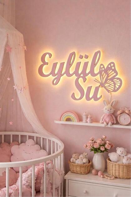 Kişiye Özel LED Işıklı Ahşap İsimlik – Kız Çocuk Odası Duvar Dekoru – 3D Gece Lambası -Çift İsim