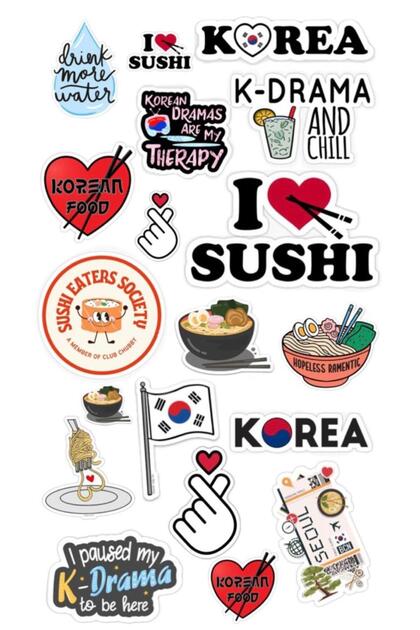 Korean Themed Sticker Set 22X30 cm – K-Drama, Sushi, Korean Food