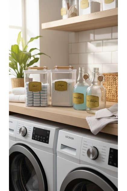 4-Piece Wooden Handle Lid Detergent & Tablet Jar Set 2000ml - Softener & Liquid Detergent Bottle 1000ml