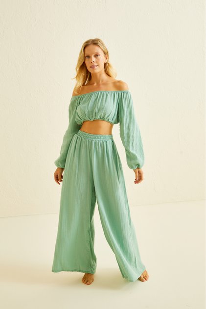 100% Organic Muslin Cotton Crop Blouse & Wide-Leg Pants Set – Summer Casual Stylish Women's Outfit