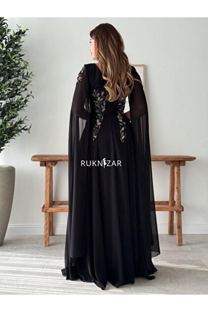 green emerald velvet dress Black Embroidered Luxury Chiffon Dress