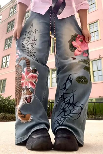 Karakedi Kanji Kaplan ve Lotus Baskılı Grunge Y2K Unisex Baggy