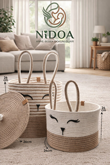   100% Cotton 5枚セット M Nidoa Bej 2'Li Jüt İp Tavşan Tasarımlı Çok Amaçlı Çocuk Odası