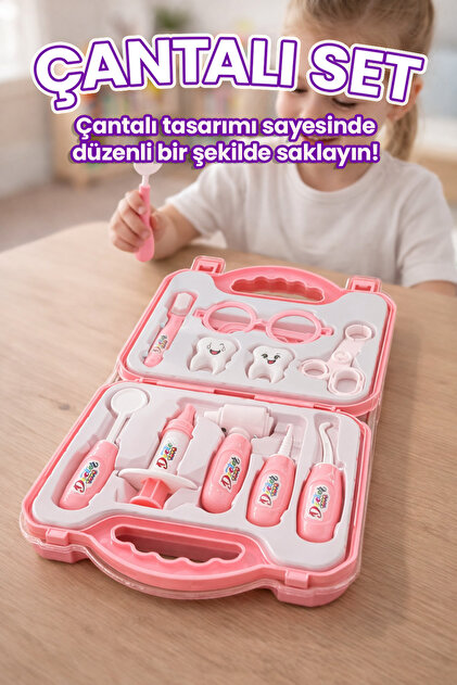 M&H Çantalı Oyuncak Dişçi Seti - 10 Parça Pembe Doktor Seti