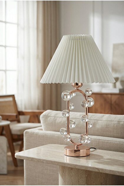 Mandes Modern Rose Gold Dekoratif Abajur Kristal Aksesuarlı Şapkalı Premium Masa Lambası