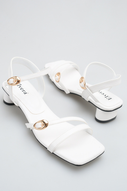 Women's White Leather Sandals with Stylish Gold Buckle Detail, Ankle Strap, Low Heel, Summer Trend