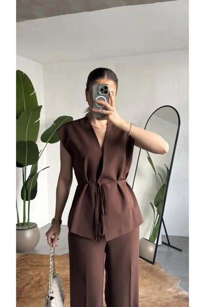 Women's Brown Buttoned Tie-Up Vest and Pleated Palazzo Trousers Set with Tie-Up Detail, Stylish Two-Piece Set
