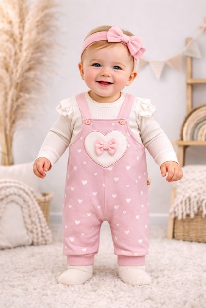 Hülya’S Mind Heart Bow Baby Salopet Set – 100% Cotton Stylish Combination (3-18 Months)