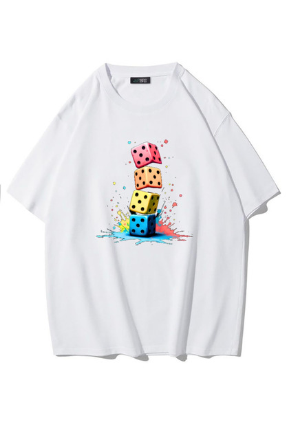 Unisex Oversize Dice Printed T-Shirt (White)