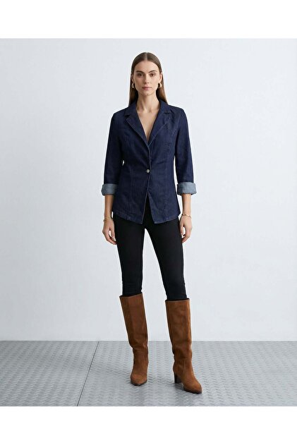 Jachetă blazer din denim bleumarin, croială slim, elegantă, pentru femei, cu un singur nasture
