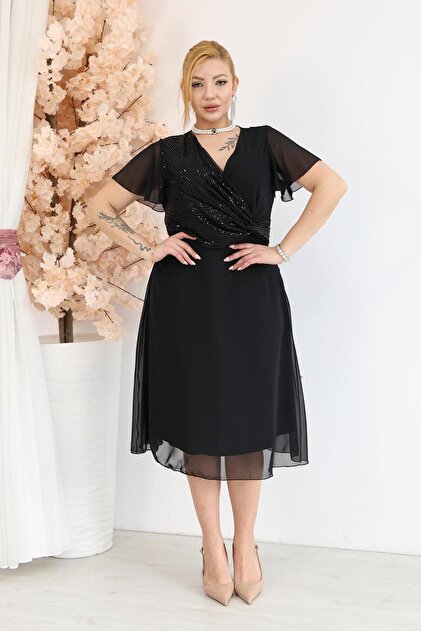 Siyezen Plus Size Chiffon Evening Dress with Twist Detail- Trendyol