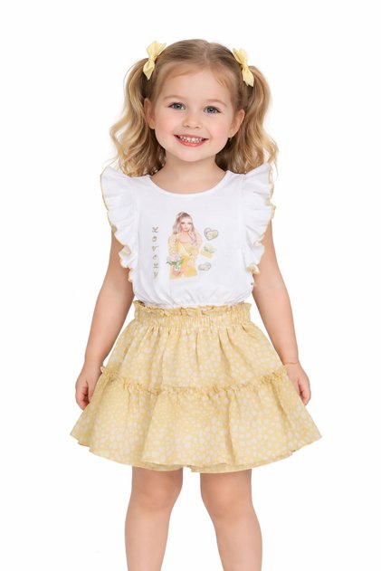 Girl's Blouse with Ruffles, Patterned Skirt with Lining, Yellow Color Skirt Set