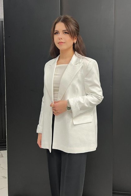 Women's Sleeve Folded Striped Lined Linen Oversize Model Blazer Jacket