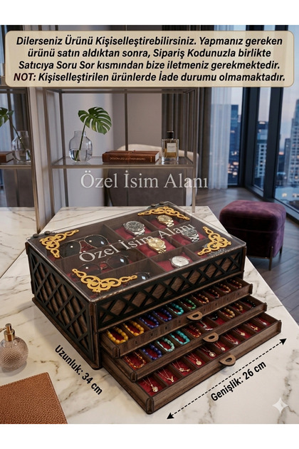 URFA LAZER Kişiye Özel Ahşap 4 Katlı Gözlük Saat Kolye Tesbih