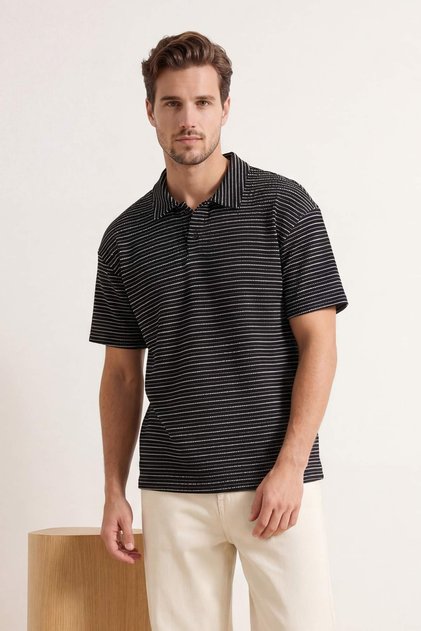 Navy Blue Oversized /Wide Cut Striped Polo Neck T-Shirt Tmnss26Po00008