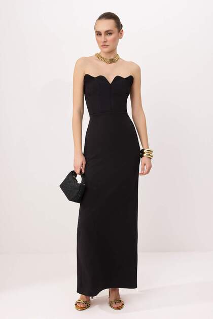 Trendyol Collection Black Strapless Shift/Straight Cut Maxi Woven Evening & Homecoming Dress Tprss26Ae00101