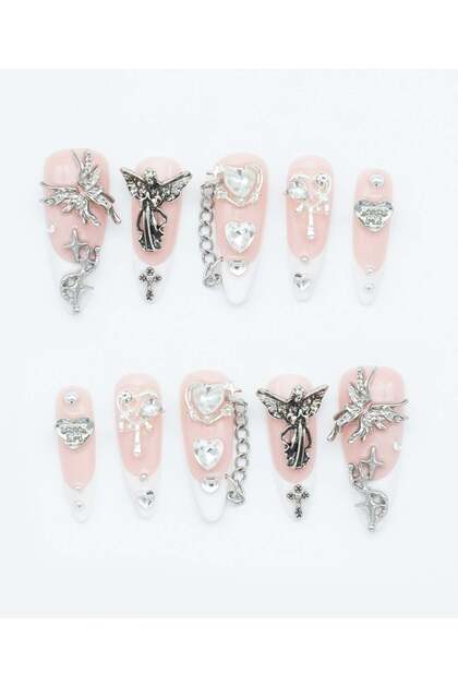 Angelic Charm Protez Jel Takma Tırnak - El Yapımı Kalıcı Oje Nail French Diamond Haç - NC101