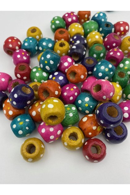 18mm Mixed Color Flower Polka Dot Patterned Wood, Wooden Beads (50Gr, ~30 Pieces)