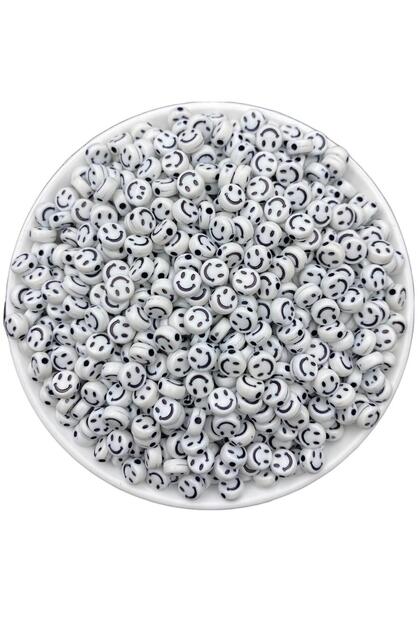 25Gr Smile Beads, Black on White 4X7Mm Smiling Face Beads, Flat Smiling Face (25 Gr, ~200 Pieces)