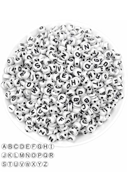 50Gr Harf Boncuk,4x7mm Basık Yassı Beyaz Üzeri Siyah Harf Boncuk (50gr,~375 Adet)