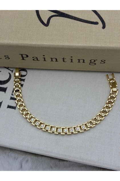 14K Gold Renk Kare Zincir Zirkon Taşlı Bileklik CM55