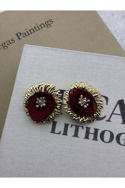 Burgundy Tulle and Pearl Detailed Special Series Gold Color Earrings