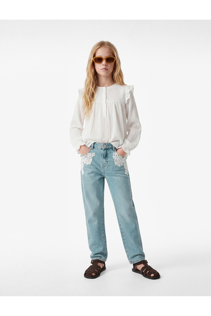 Lace Detailed Cotton Mom Fit Denim Trousers