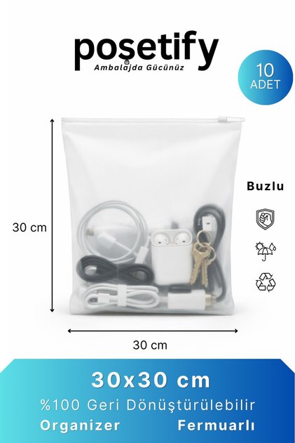 Fermuarlı Organizer 30x30 Cm | 10 Adet | Çok Amaçlı Buzlu Şeffaf Saklama ve Düzenleyici Torba