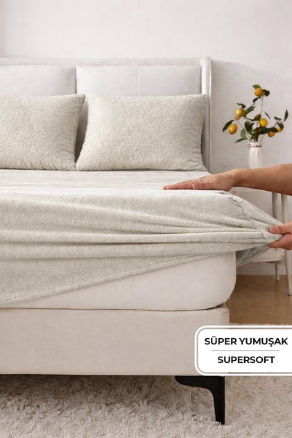 Süper Yumuşak Flanel Kadifemsi Peluş Lastikli Fitted Çarşaf Seti Kaymaz Tek/Çift Kişilik Bej
