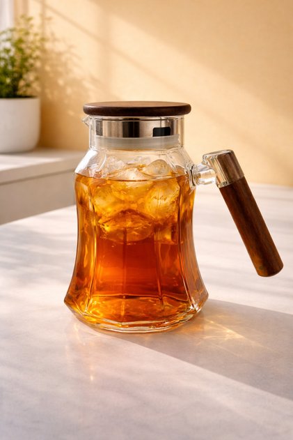 Şık Şekilli, Akasya Kapak ve Saplı Cam Sürahi | 1800ml
