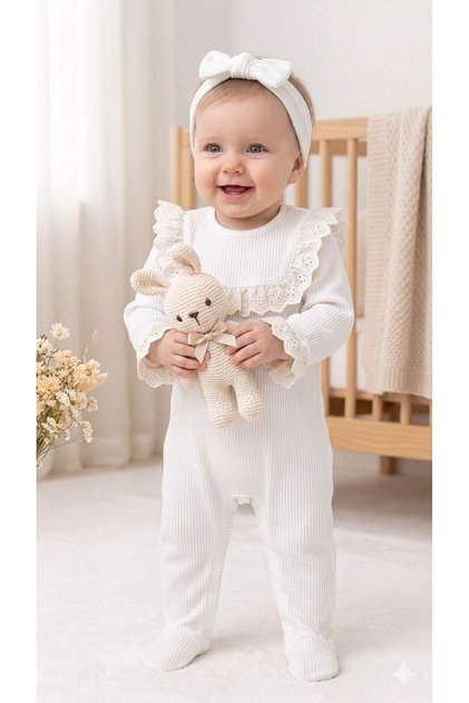 Baby Girl Waffle Jumpsuit with Scallop Detail - Cotton Fabric - Available in White and Beige Colors