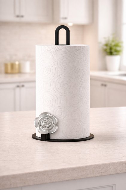 Black Matte Silver Flowered Metal Towel Napkin Holder - Paper Towel Holder - Tabletop Napkin Holder Roll Towel Holder