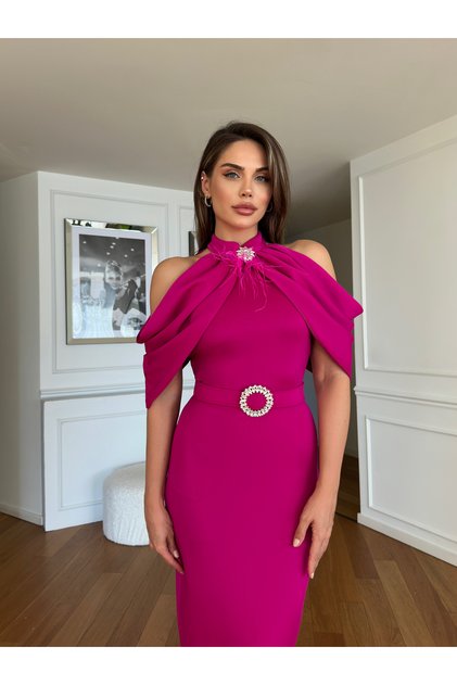 Rochie damă de vară, cu cordon, detaliu broșă cu ciucuri, design căptușit, material scuba importat, roz