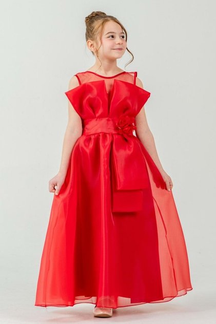 Girl's Organza Tulle Flower and Bow Detailed Gipe Back Princess Evening Dress M00800 Red