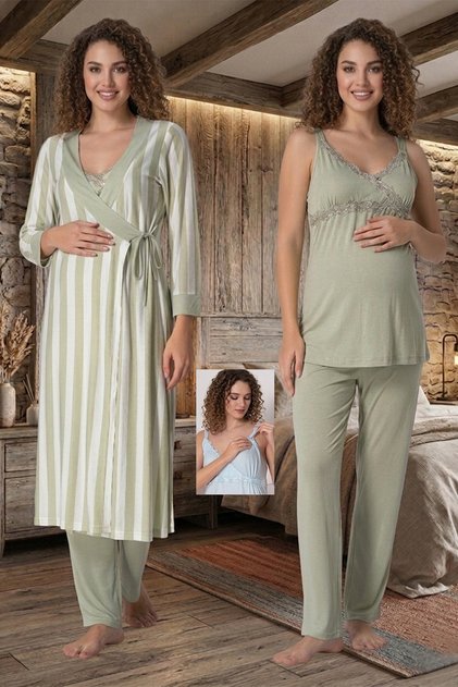 Maternity Pajama Set with Nursing Feature, Strappy Striped Robe