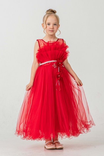 Girl's Robe Layered Special Occasion Evening Dress Mnk0475 Red