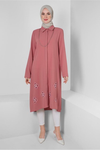 FLOWER PATTERNED SHIRT COLLAR LONG TUNIC 43790