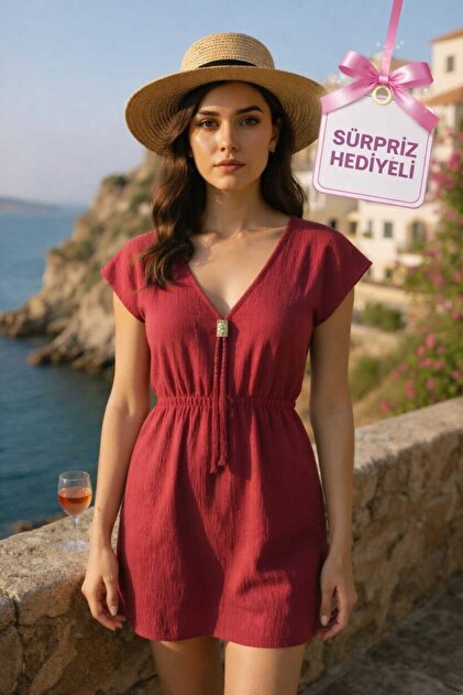 R ROCKBLACK Women's Burgundy V-Neck Mini Beach Dress with Side Slits and  Buckle Detail- Trendyol