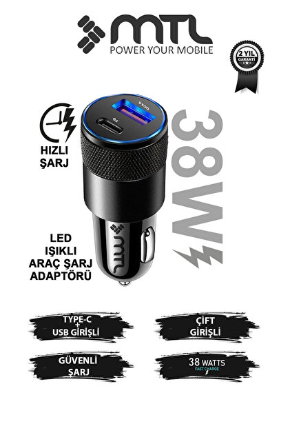 MTL Araç Şarj Aleti Çakmaklık 38W Type-C + USB Çift Portlu