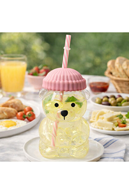 Bearista Teddy Bear Borosilicate Glass with Straw 580 ml Pink – for Girls & Adults