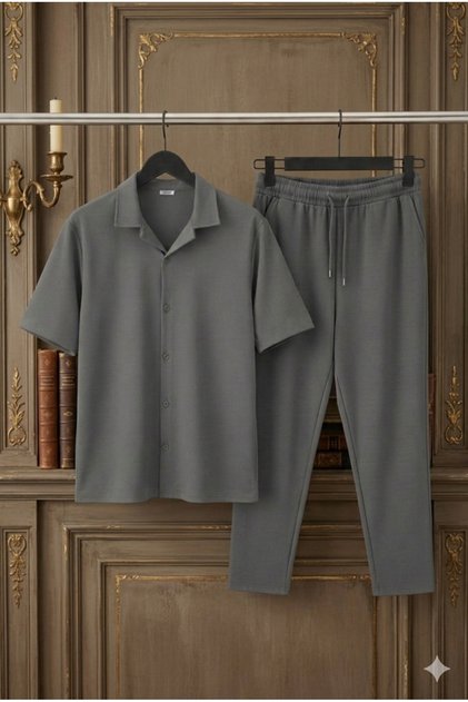 Men's Burumcuk Kri̇nkil Fabric Short-Sleeved Shirt and Tracksuit 2-Piece Set