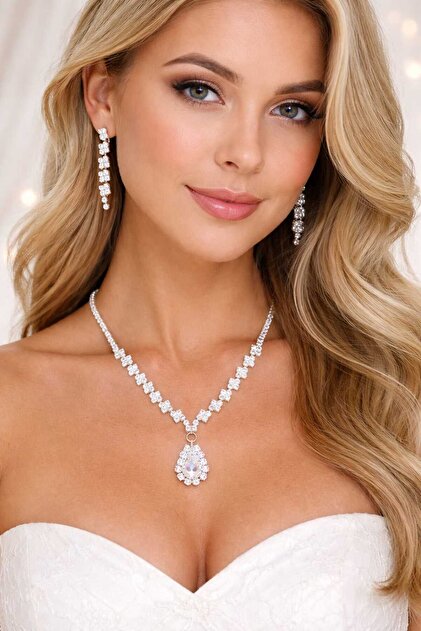 KLC TAKI Women's Silver Color Stone Necklace Crystal Stone Evening Dress  Wedding Engagement Party Promise Henna Daily Necklace- Trendyol