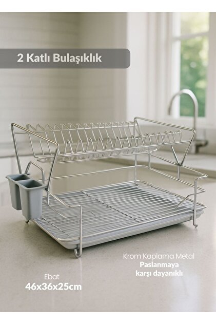2 Katlı Bulaşıklık Tezgah Ustu Tabaklık BPA FREE Bulaşık Sepeti Kurutmalık Gri