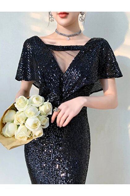 elissaa V-neck Sequined Long Angel Sleeve Evening Dress- Trendyol