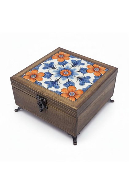 Wooden Jewelry and Key Storage Boxes, Ceramic Tiles and Velvet Lining, 50 Different Pattern Options