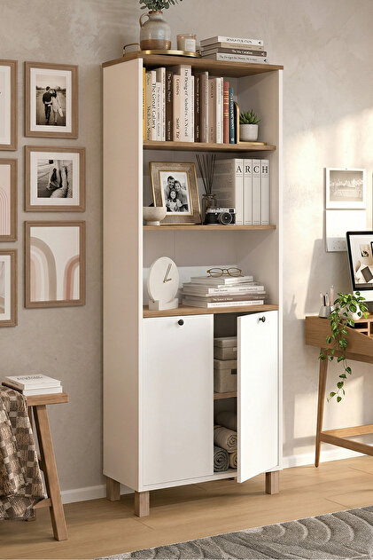 Yurudesign Nord Kitaplık Raf Ahşap Ayaklı 180cm Kapaklı Sepet