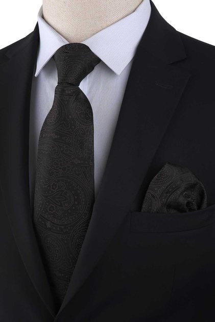 Black - Brown Shawl Pattern Classic Tie with Handkerchief Kk13304
