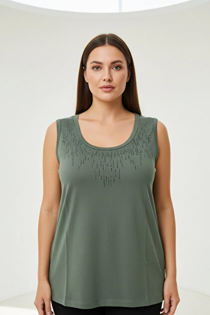 Women's khaki green u-neck plus size blouse with stone embellished collar and lycra.