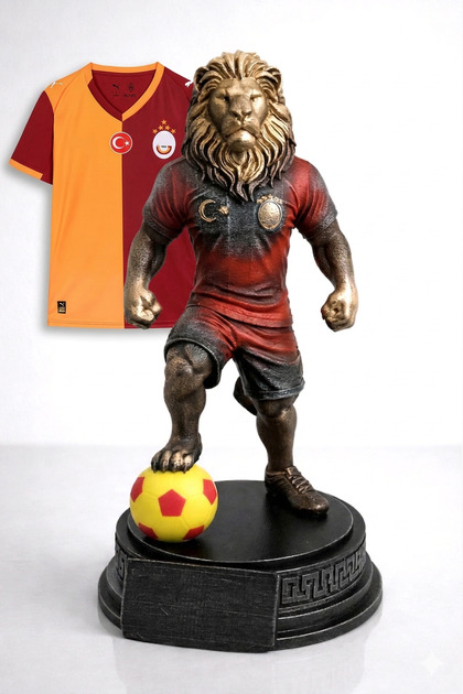 AF SANART SARI-KIRMIZI futbolcu ayakta aslan maskot, biblo, figür